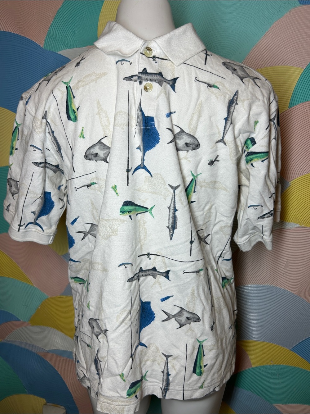 Columbia Men's White Fishing-Print Polo Shirt sz M